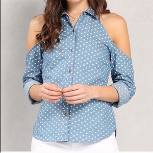 Chambray Hearted Polka Dot Cold Shoulder Top